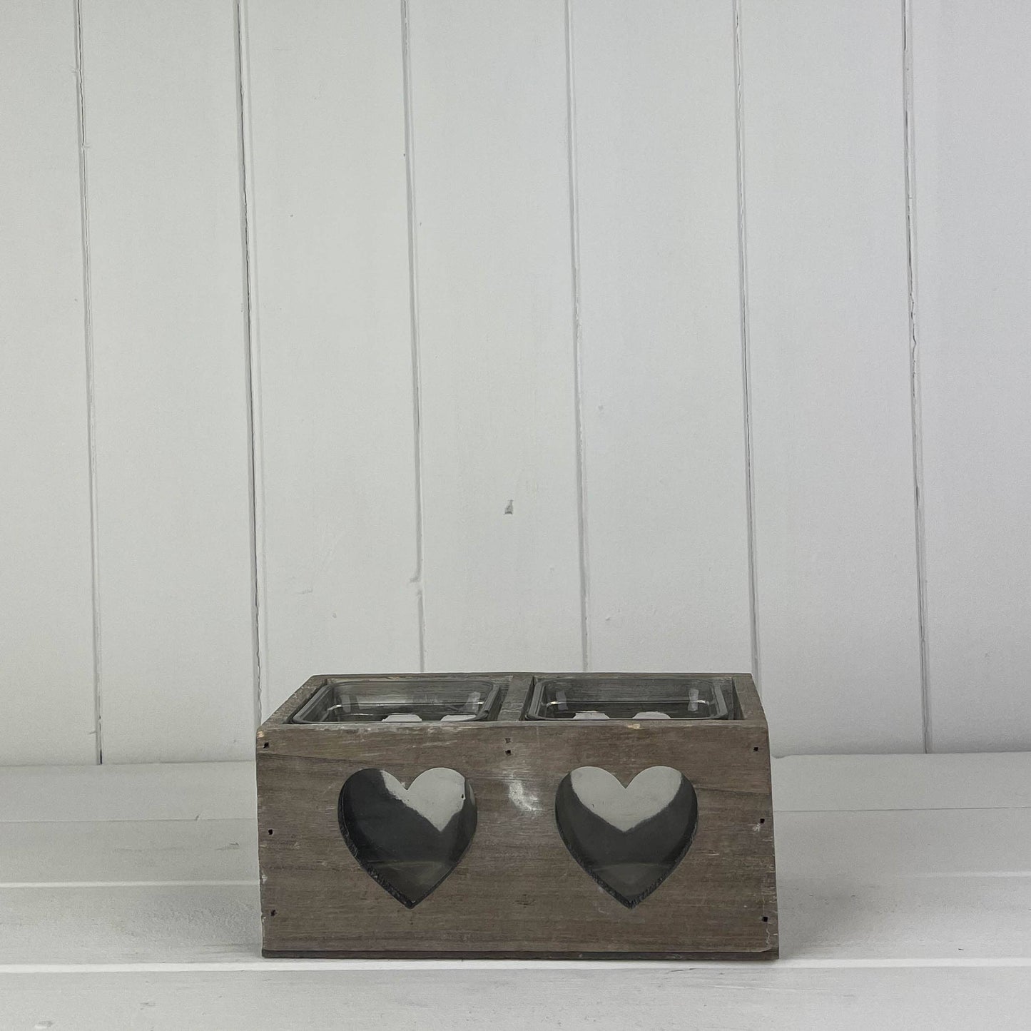 Greywashed Wood Basket With Glass And Heart