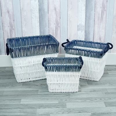 White And Blue Wicker Baskets Set
