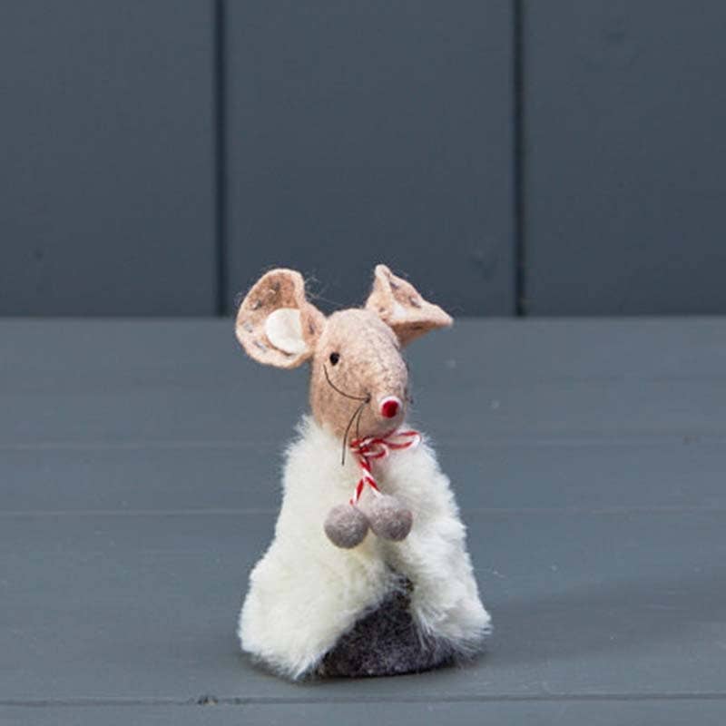 Grey Fabric Mouse In White Furry Cape