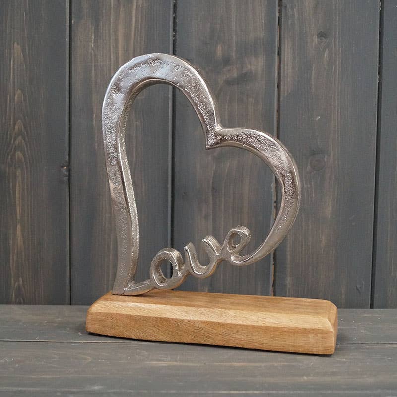 Angled Aluminium Heart On Wooden Base