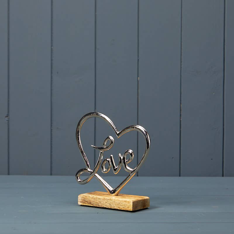 Silver Heart With Love On Wooden Base