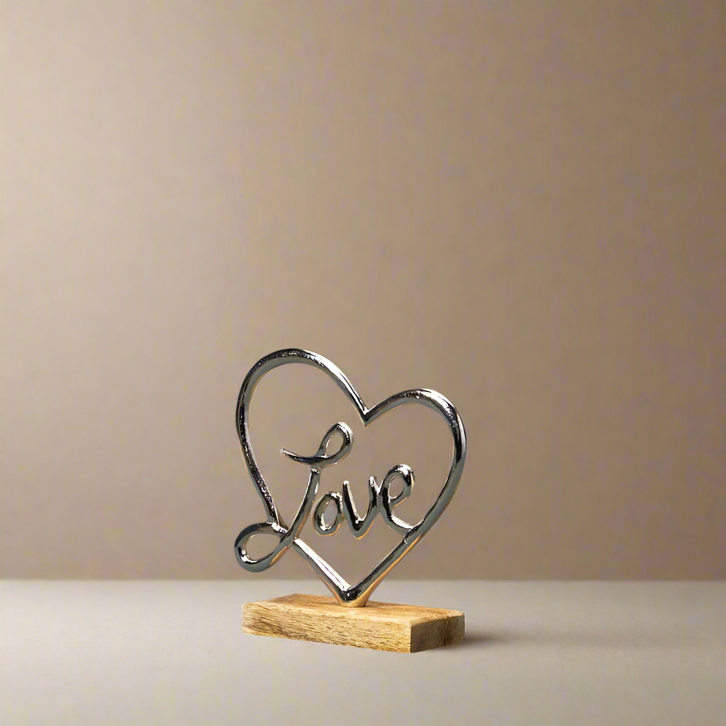 Silver Heart With Love On Wooden Base