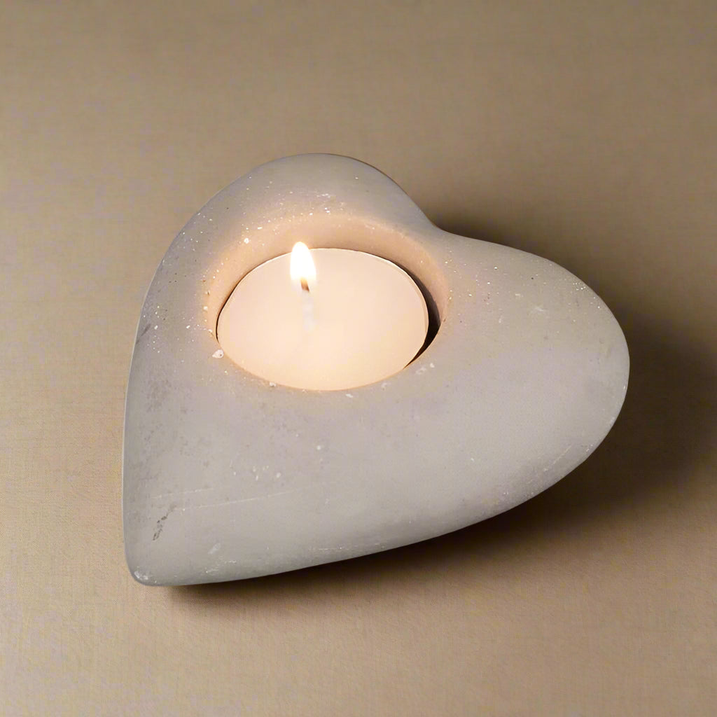 Whitewashed Cement Heart Tealight Holder