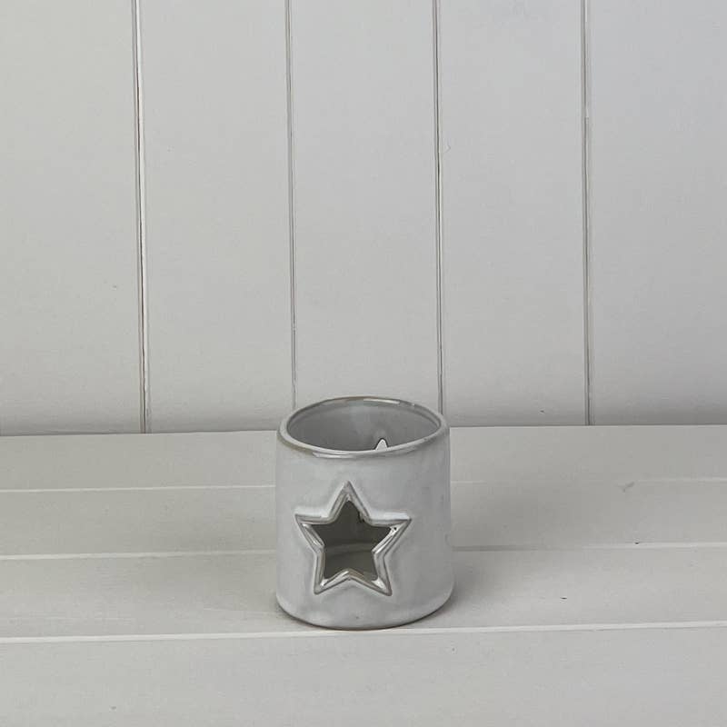 Glazed Ceramic Tealight Holder With Heart/Star Cut-Out Detail