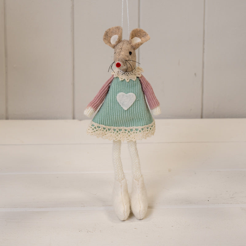 Green Fabric Hanging Mouse With Pink Sleeves