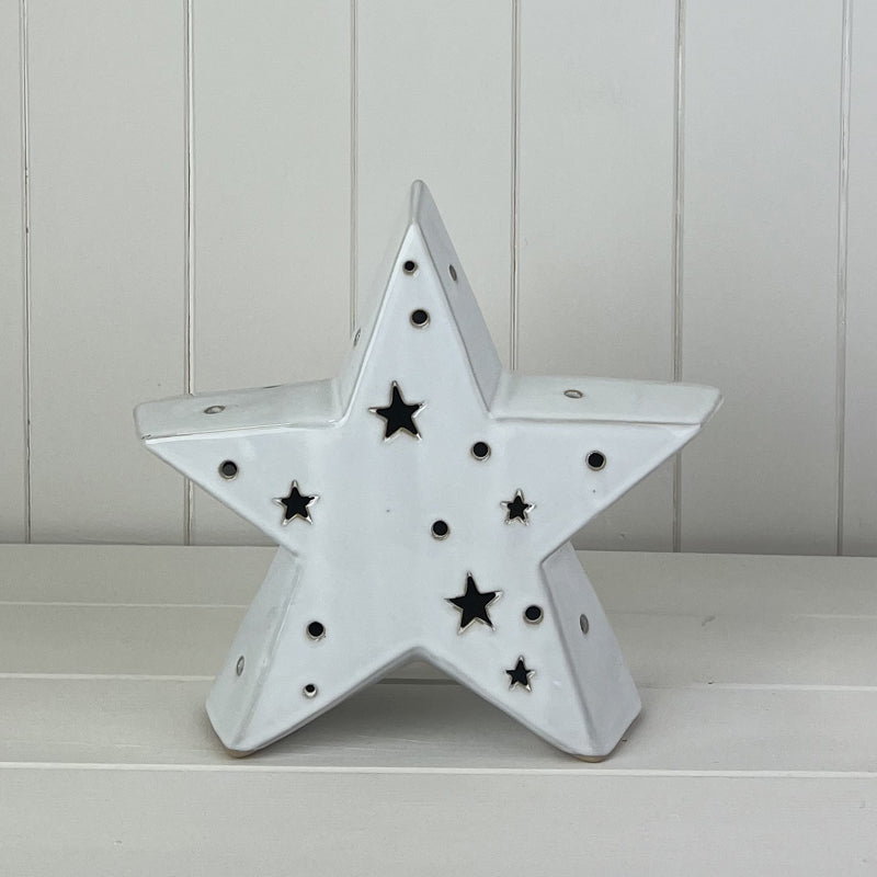 White Ceramic Star Ornament With Led