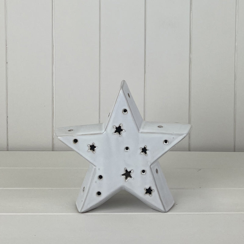 White Ceramic Star Ornament With Led