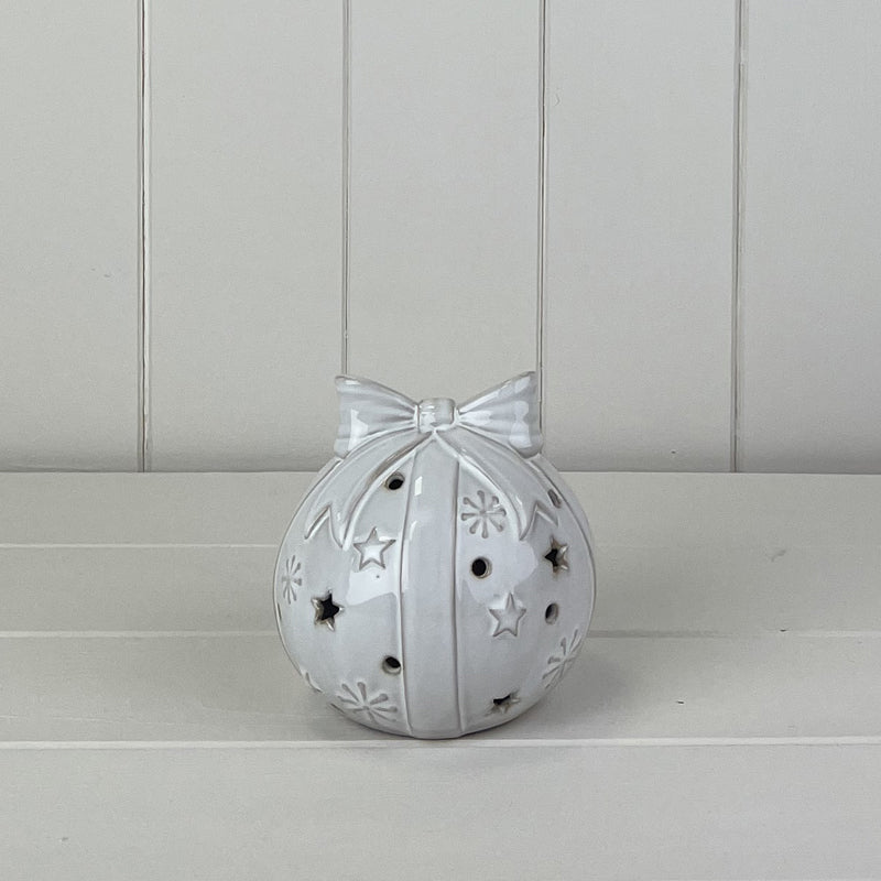 Glazed Ceramic Bauble With Bow Ornament With Textured Detail And LED