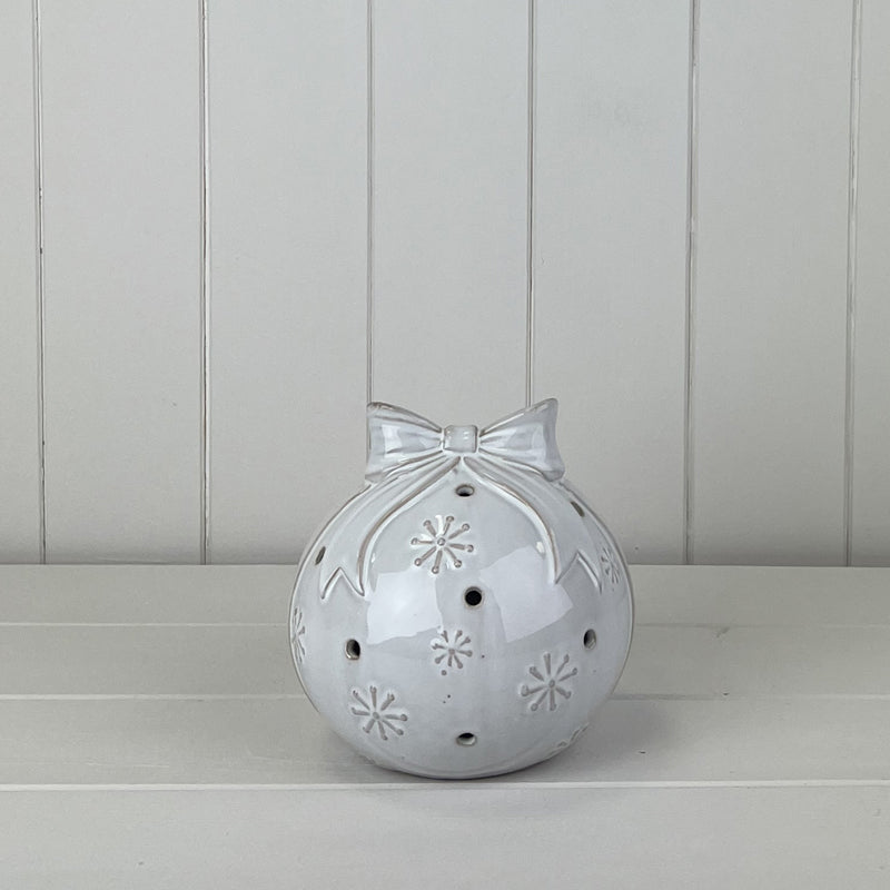 Glazed Ceramic Bauble With Bow Ornament With Textured Detail And LED