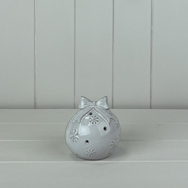 Glazed Ceramic Bauble With Bow Ornament With Textured Detail And LED