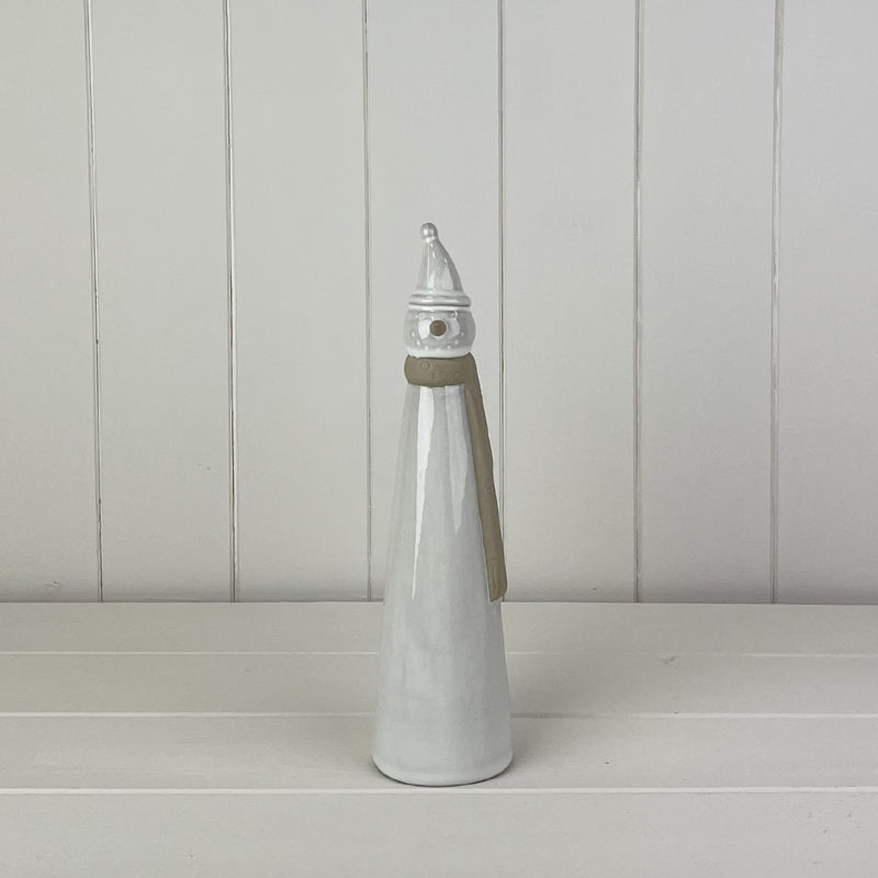 Glazed Ceramic Tall Snowman Ornament With Textured Detail