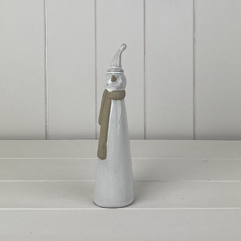 Glazed Ceramic Tall Snowman Ornament With Textured Detail