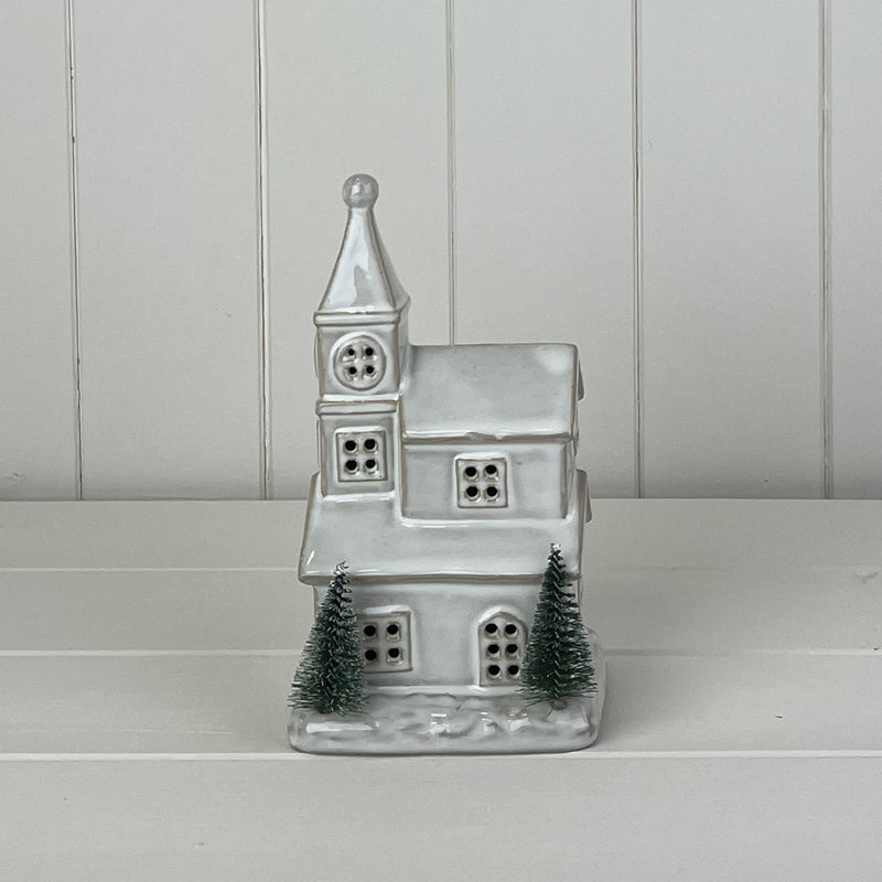 Glazed Ceramic Church Ornament With Textured Detail And LED