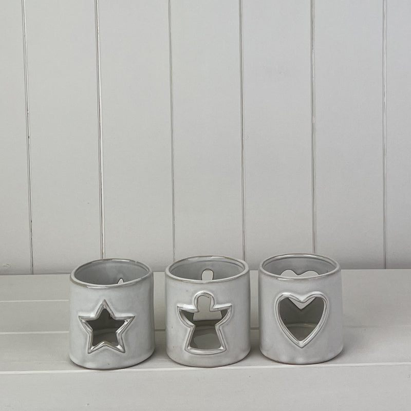 Glazed Ceramic Tealight Holder With Heart/Star Cut-Out Detail