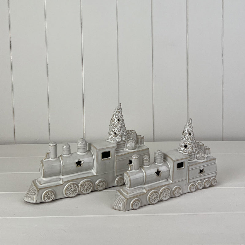 Glazed Ceramic Train Ornament With Textured Detail And LED