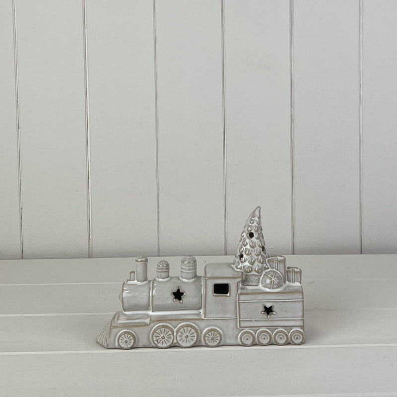 Glazed Ceramic Train Ornament With Textured Detail And LED