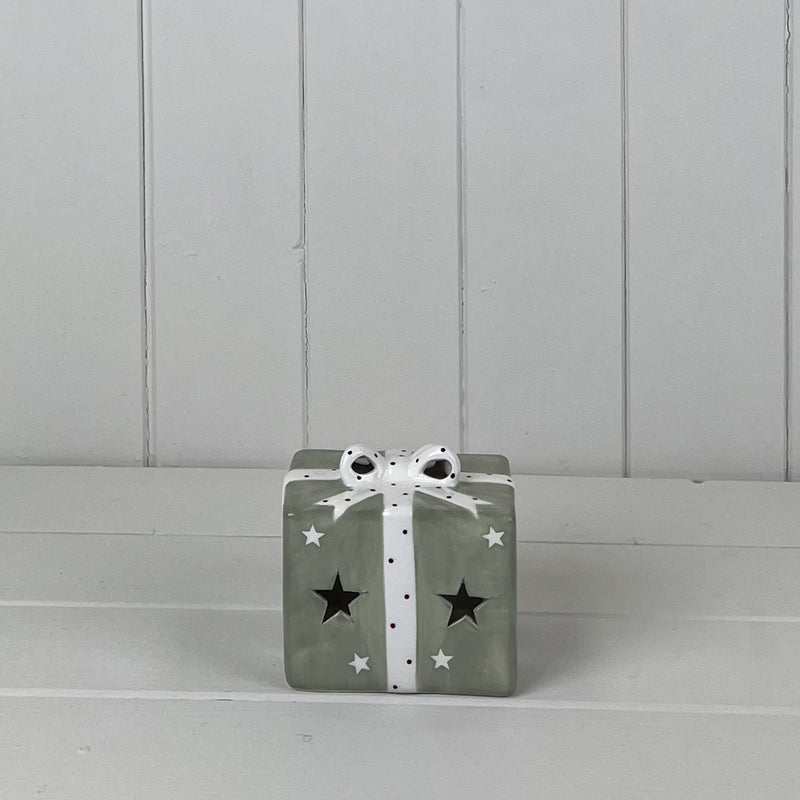 Green Ceramic Present With White Bow Decoration With LED