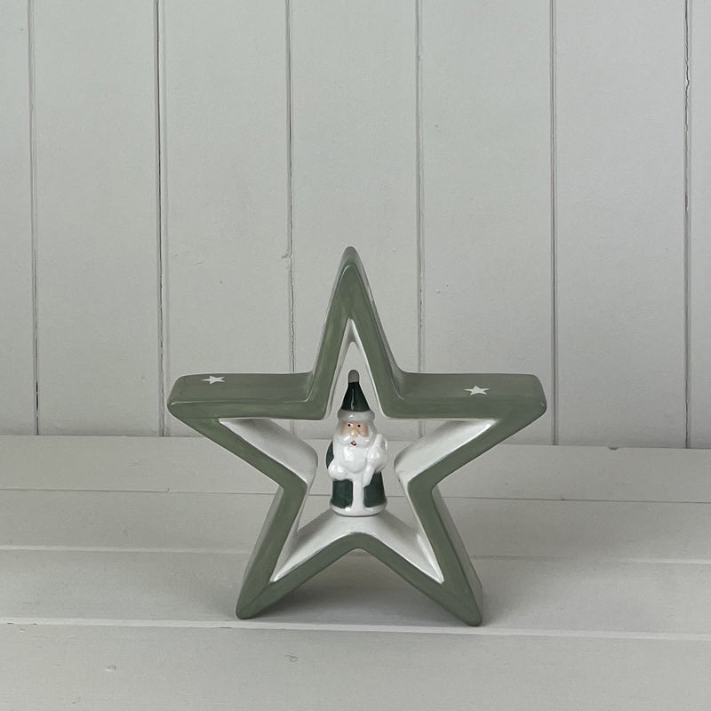 Light Green Ceramic Star With Santa Decoration