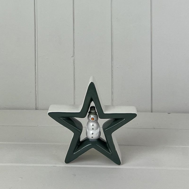 Dark Green Ceramic Star With Snowman Decoration