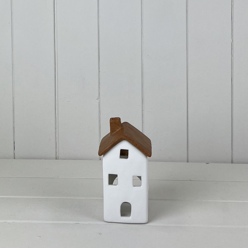 White/Wood Grain Effect Ceramic House Tealight Holder
