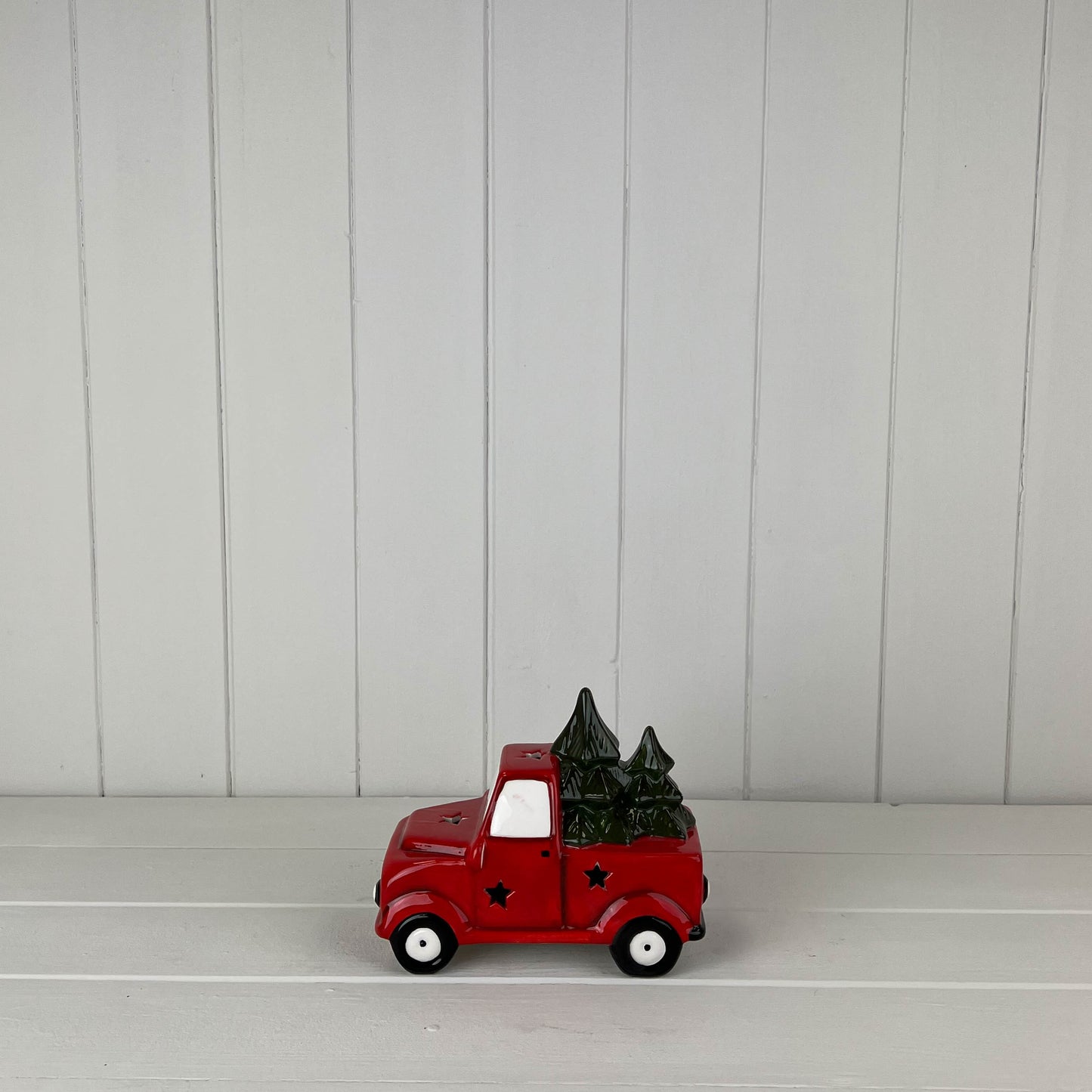 Red Car Carrying Christmas Trees With LED