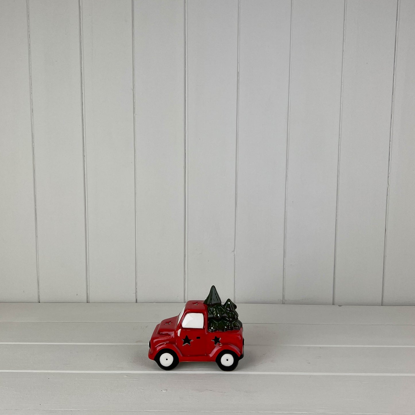 Red Car Carrying Christmas Trees With LED