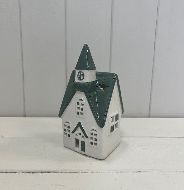 White/Green Ceramic House Tealight