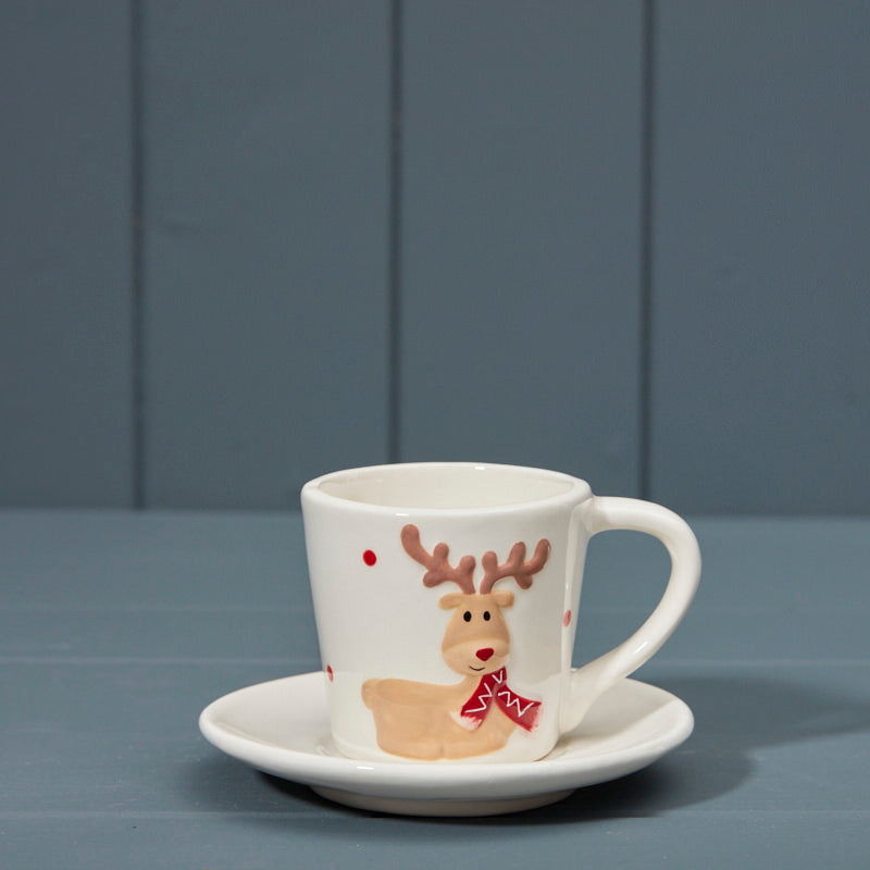 White Ceramic Reindeer Cup With Saucer