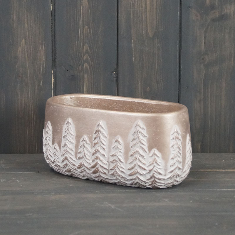Champagne Gold Oval Pot With Embossed Trees