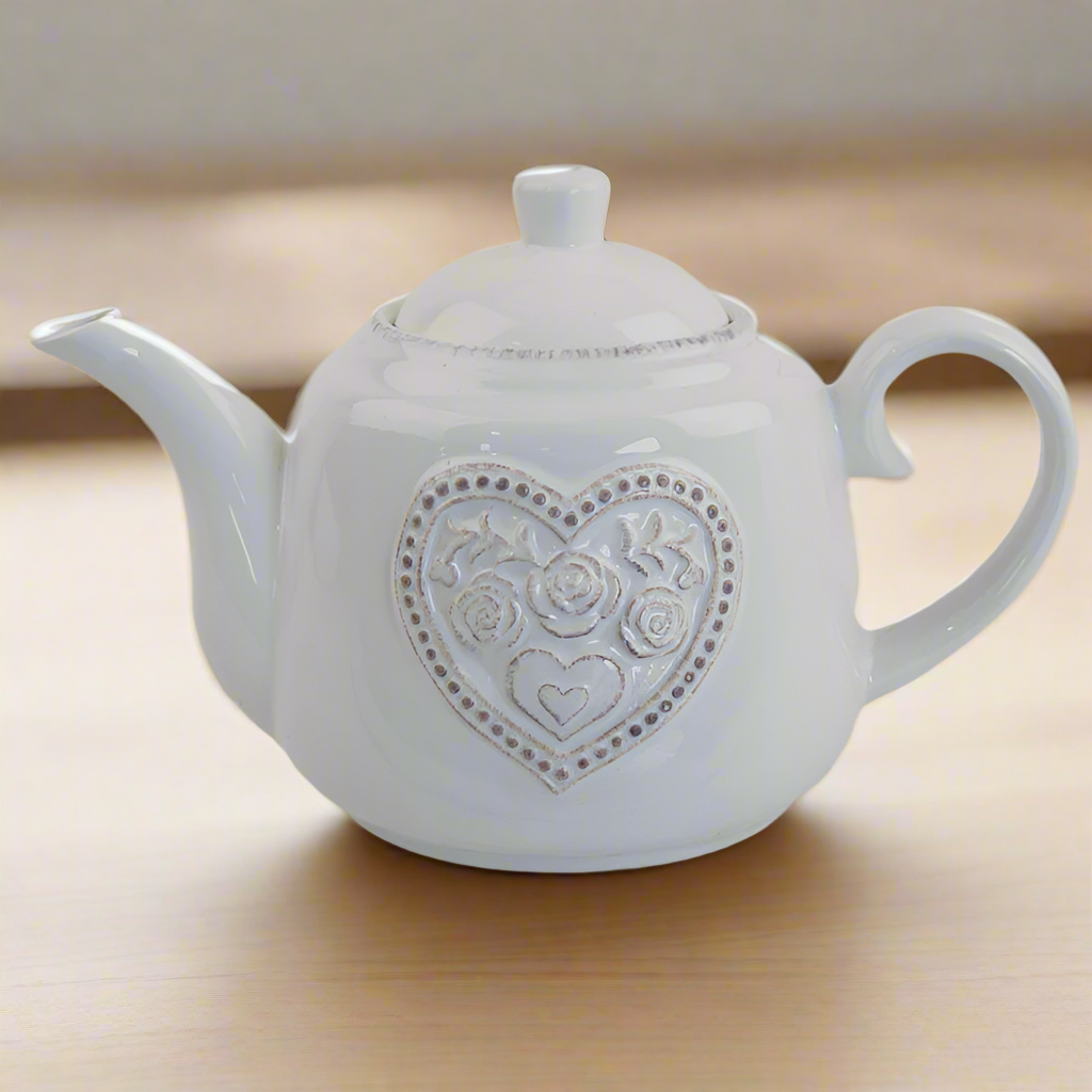 White Ceramic Teapot With Floral Heart Detail