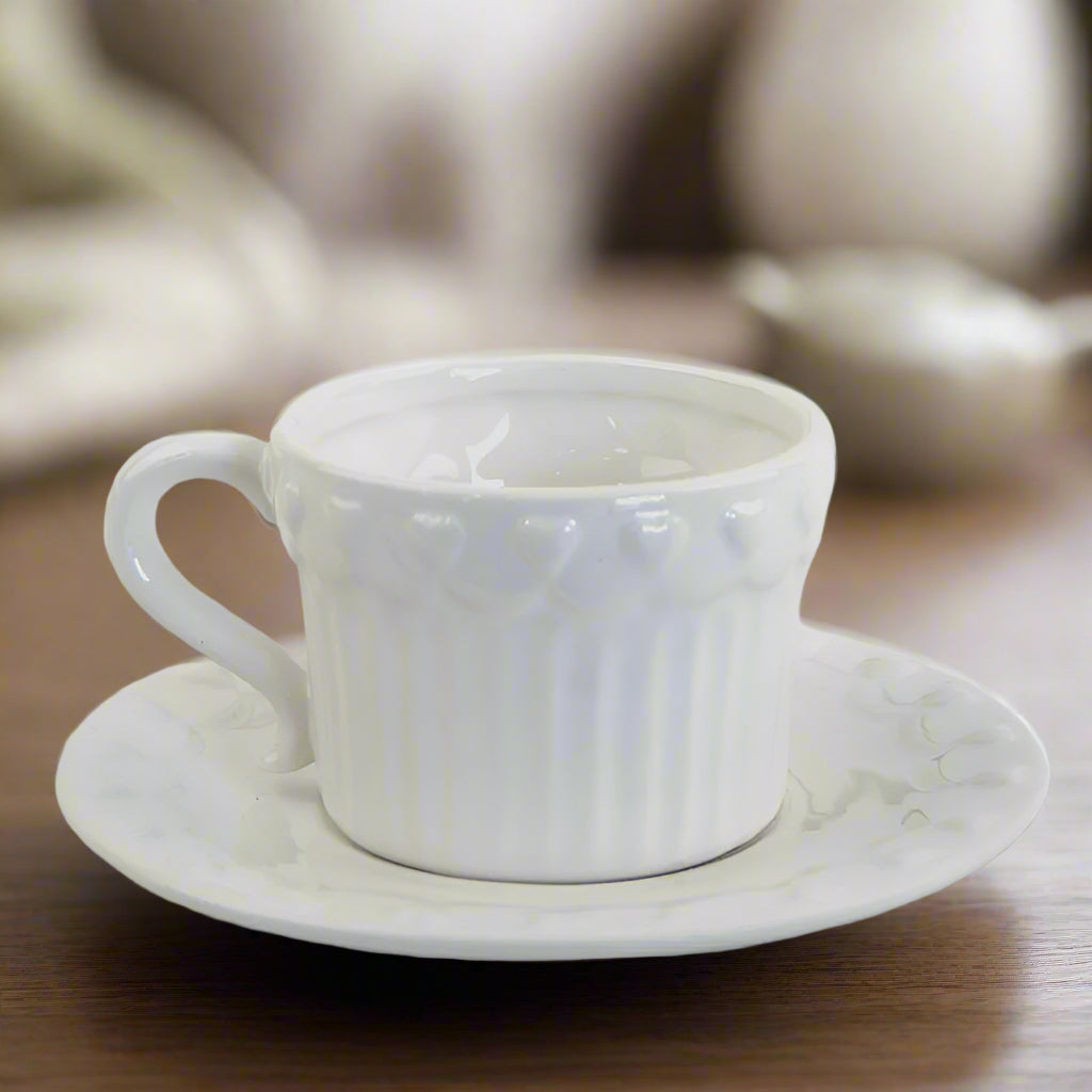 White Heart Ribbed Ceramic Tea Set