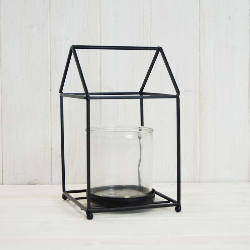 Black House Shape Lantern with Glass Insert