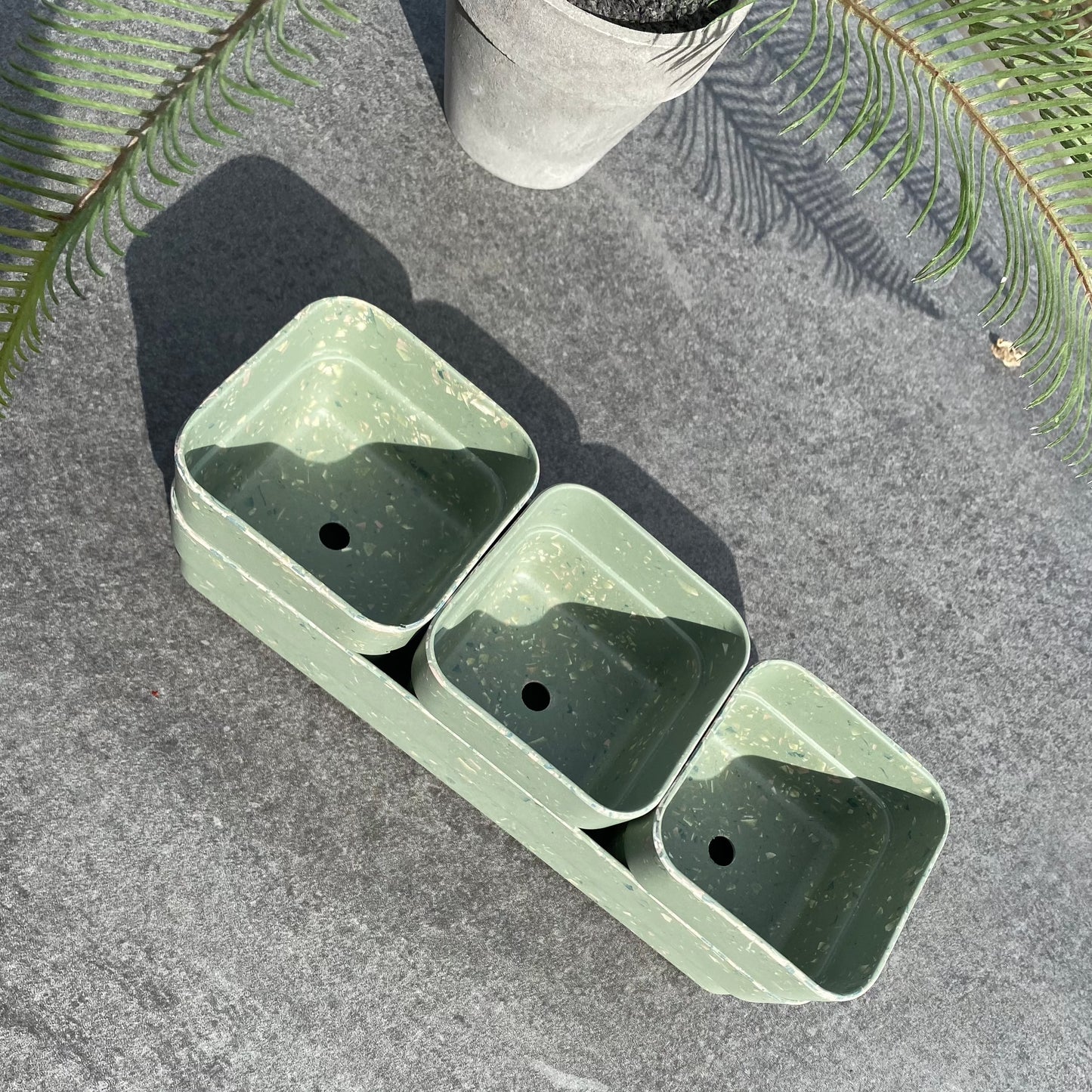 Terrazzo Sage Green Bamboo Trio Plant Pots And Tray
