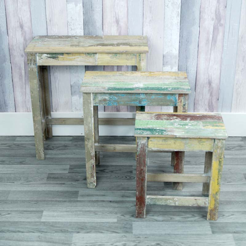 Set of 3 rectangular display tables with distressed paint effect