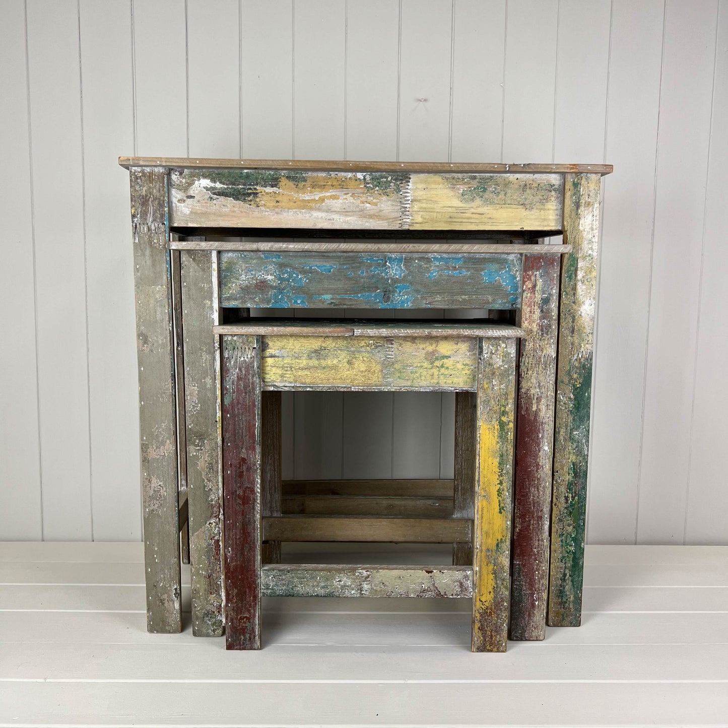 Set of 3 rectangular display tables with distressed paint effect