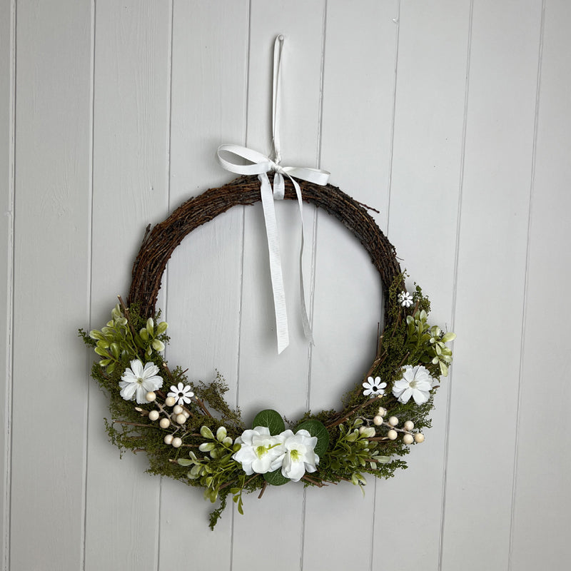 White Floral and Greenery Spring Wreath
