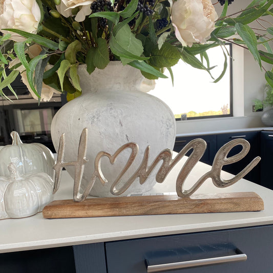 'Home' Sign with Wooden Base
