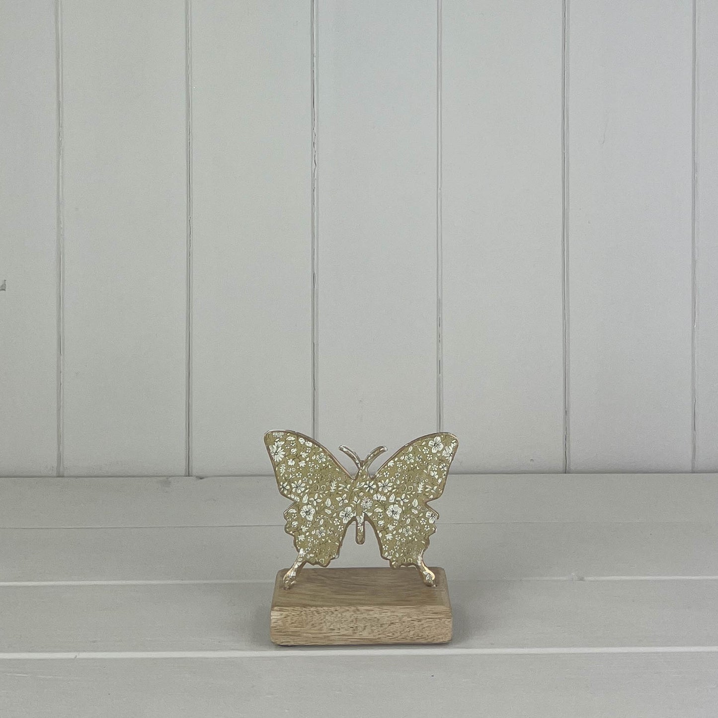 Light Green Metal Butterfly On Wooden Base