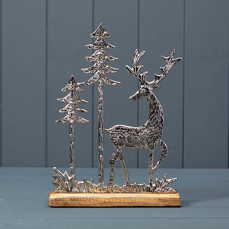Silver Deer With Trees On Wooden Base