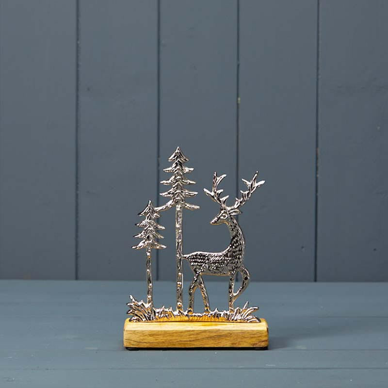 Silver Deer With Trees On Wooden Base