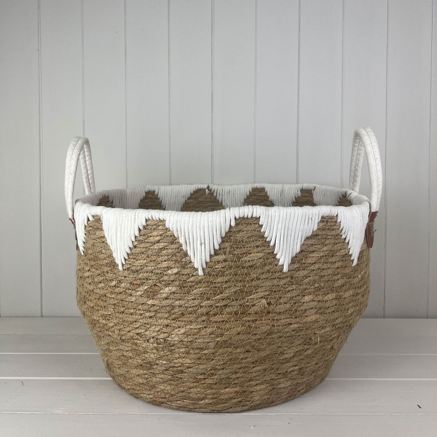 Round Storage Basket With White Fringe Detail