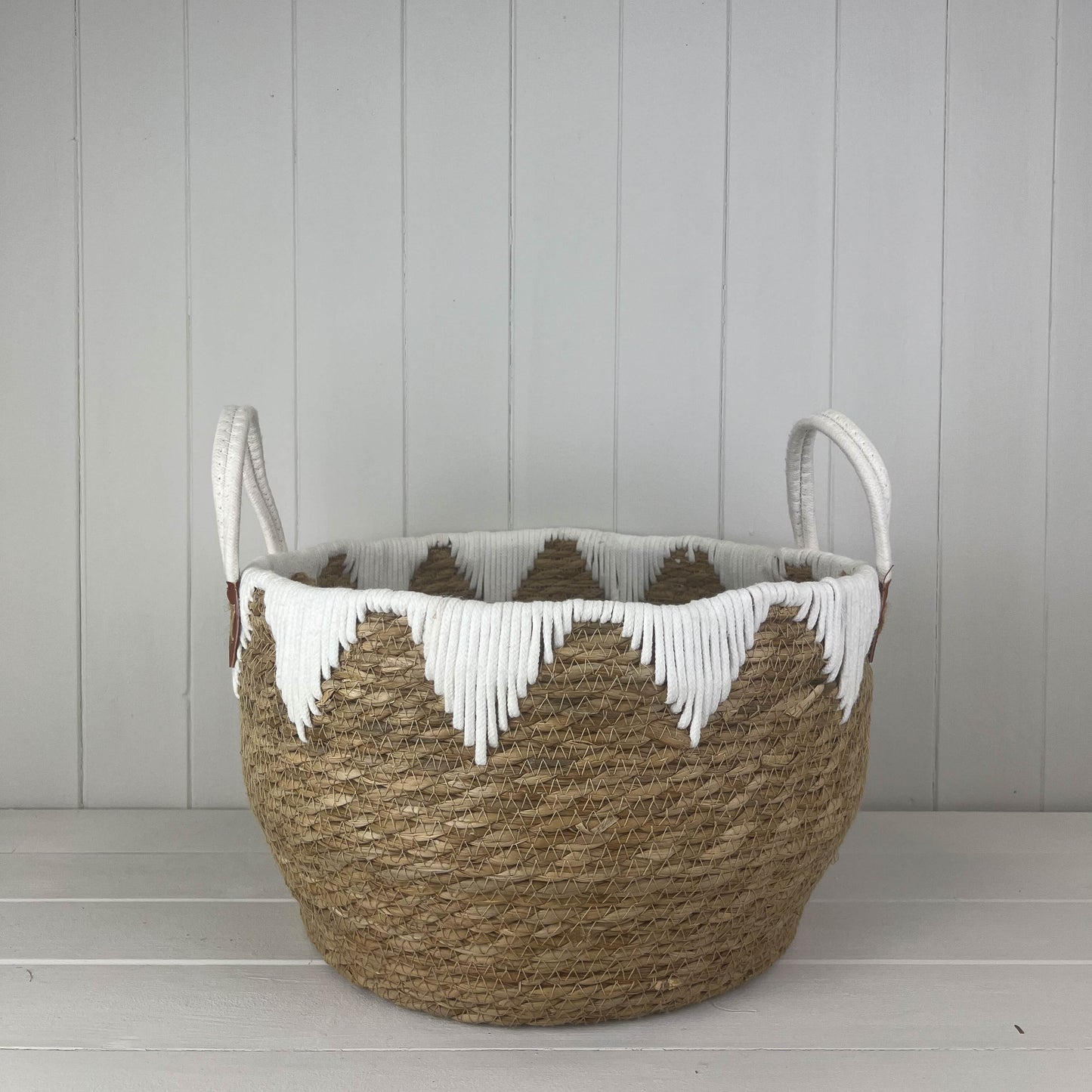 Round Storage Basket With White Fringe Detail