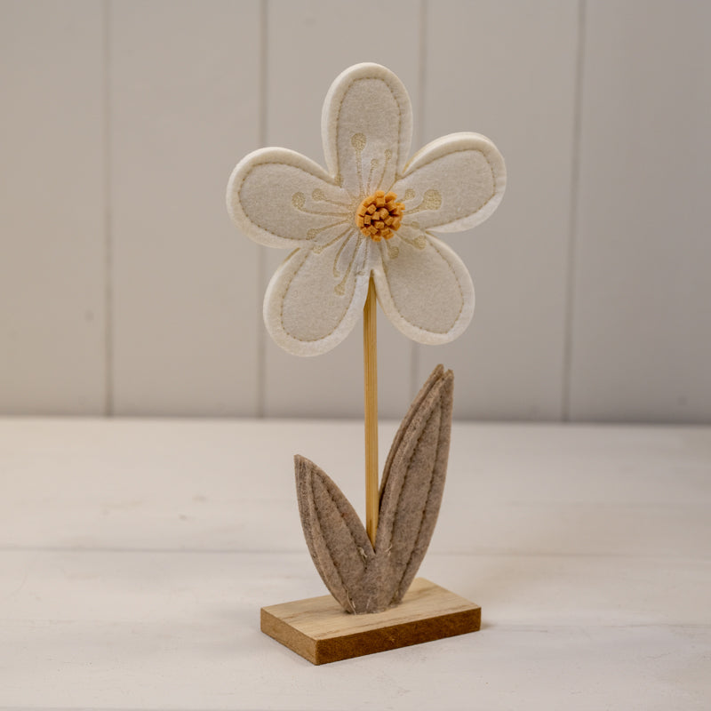 Cream Felt Flower On Wooden Base Decoration