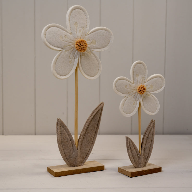 Cream Felt Flower On Wooden Base Decoration