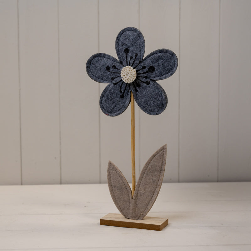 Grey Felt Flower On Wooden Base