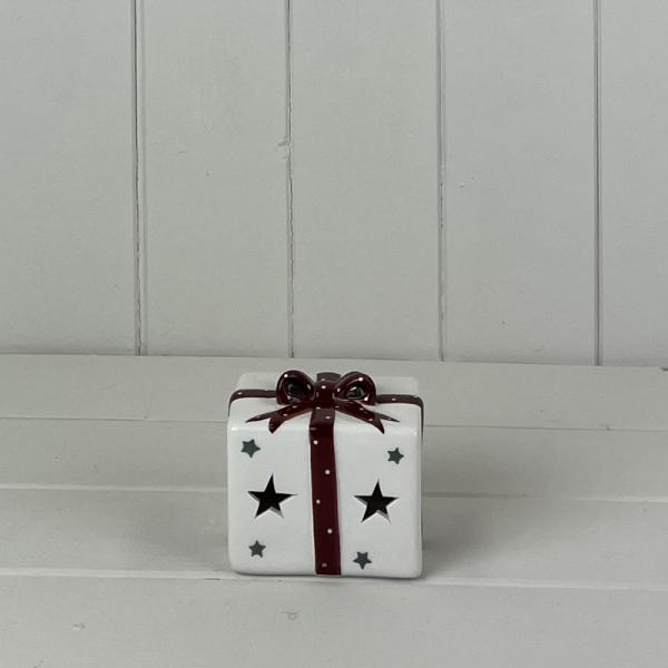 White Ceramic Present With Red Bow With LED