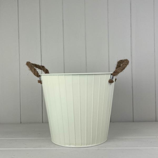 Cream Round Tapered Zinc Planter with Rope Ears with Drainage Hole