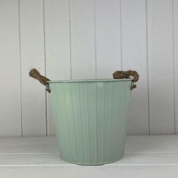 Sage Green Round Tapered Zinc Planter with Rope Ears and Drainage Hole