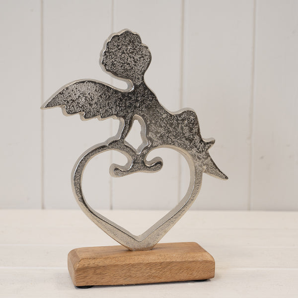 Aluminium Heart And Angel On Wooden Base