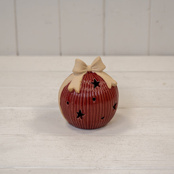 Medium Red Ceramic LED bauble with Bow Detail